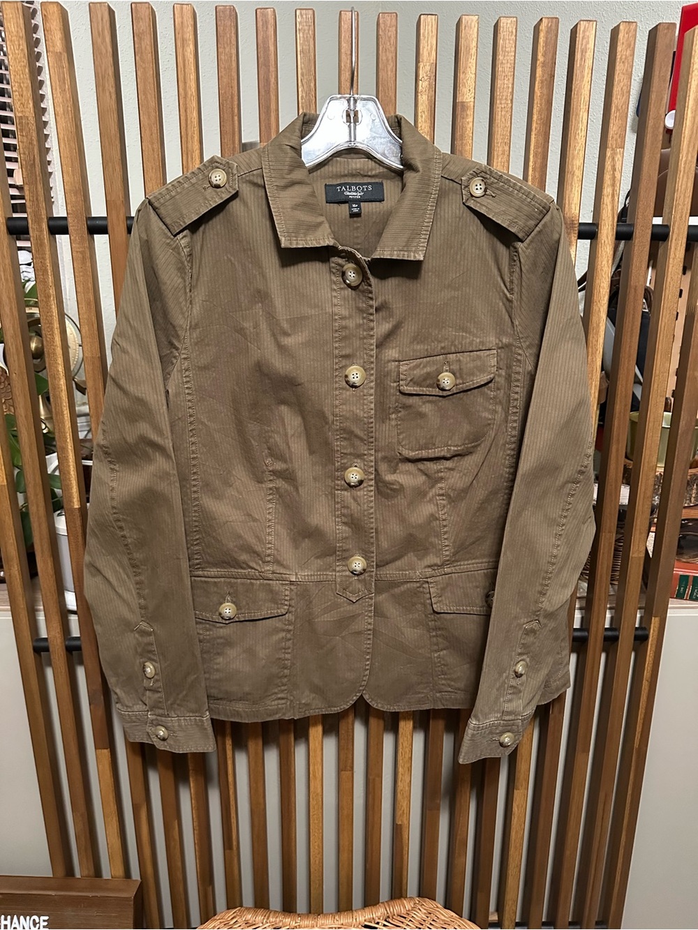 Talbots Petites Utility Safari Jacket 16P Olive Brown Corduroy Military Coat